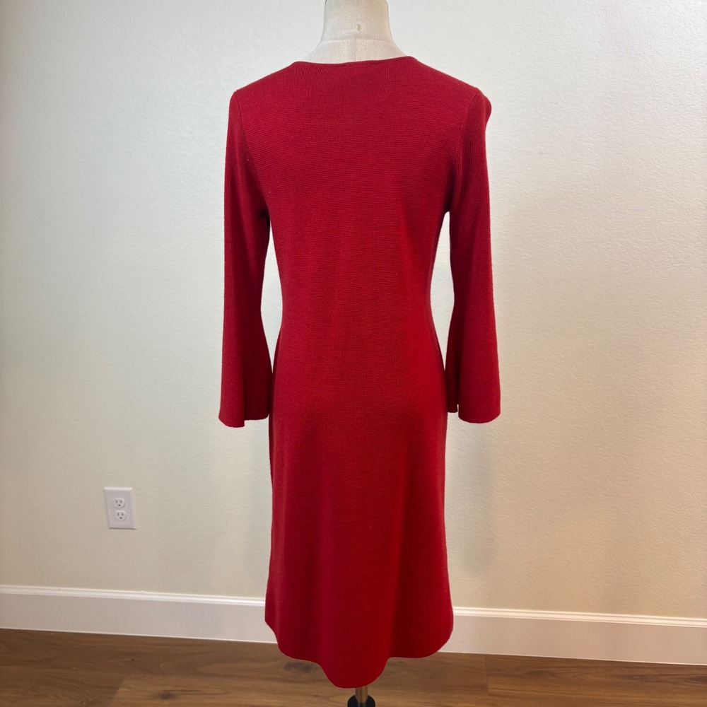 Talbots Sweater Dress Womens SP Red Merino Wool Flared 3/4 Sleeve V-Neck Luxury - Picture 6 of 8